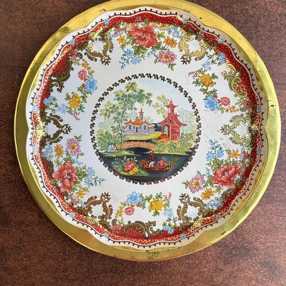 Vintage Daher Decorated Ware Tin Tray 16.25" Round Floral & Asian Scene England - Picture 9 of 16
